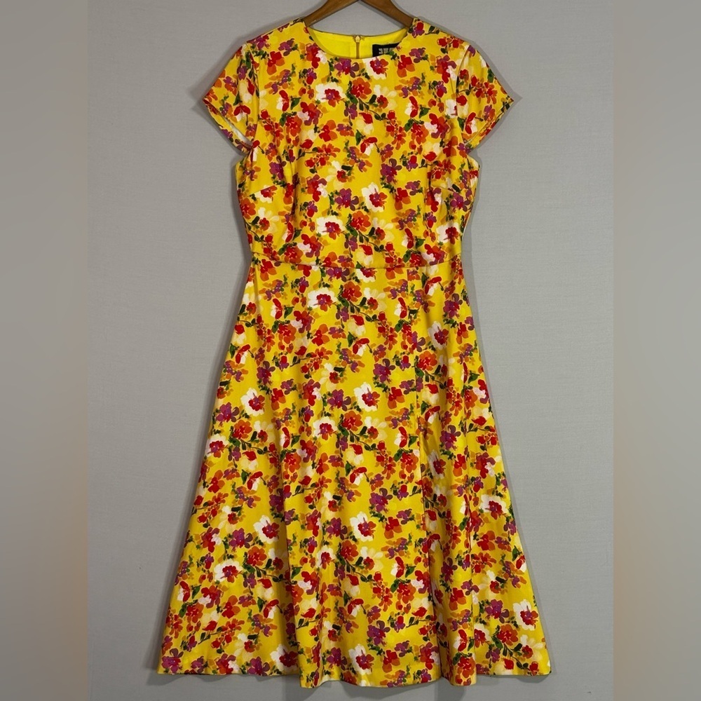Alexia Admor Yellow Floral Midi Dress Front Slit Cap Sleeve Size 12 NWT